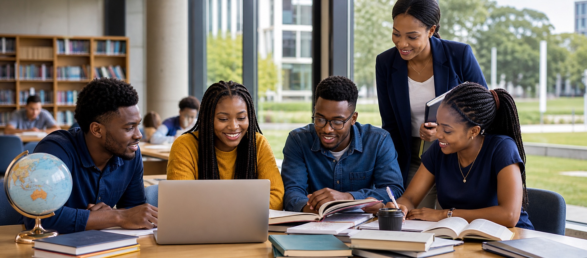 African international students reviewing courses with an education adviser