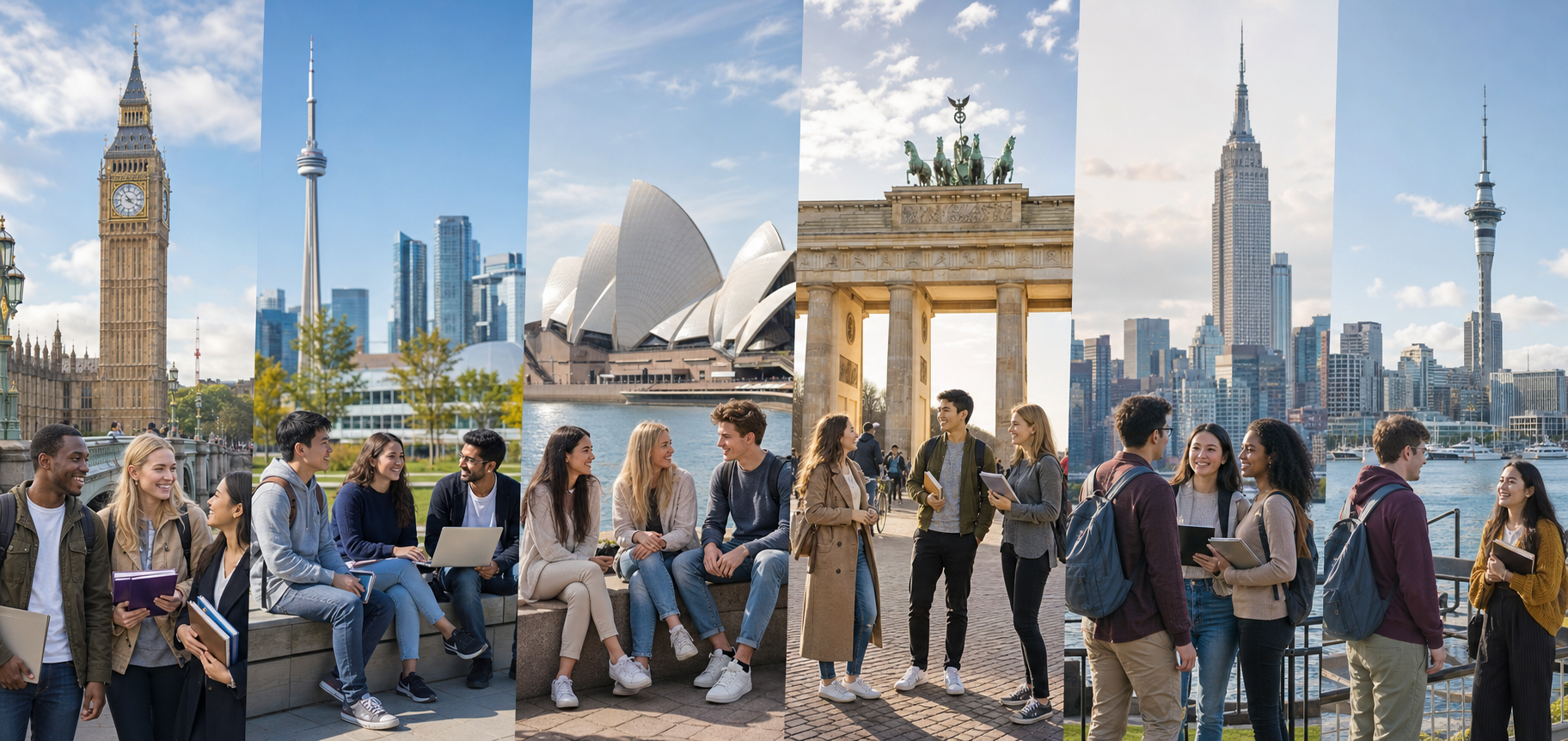 International students and popular landmarks in the UK, Canada, Australia, Germany, USA and New Zealand